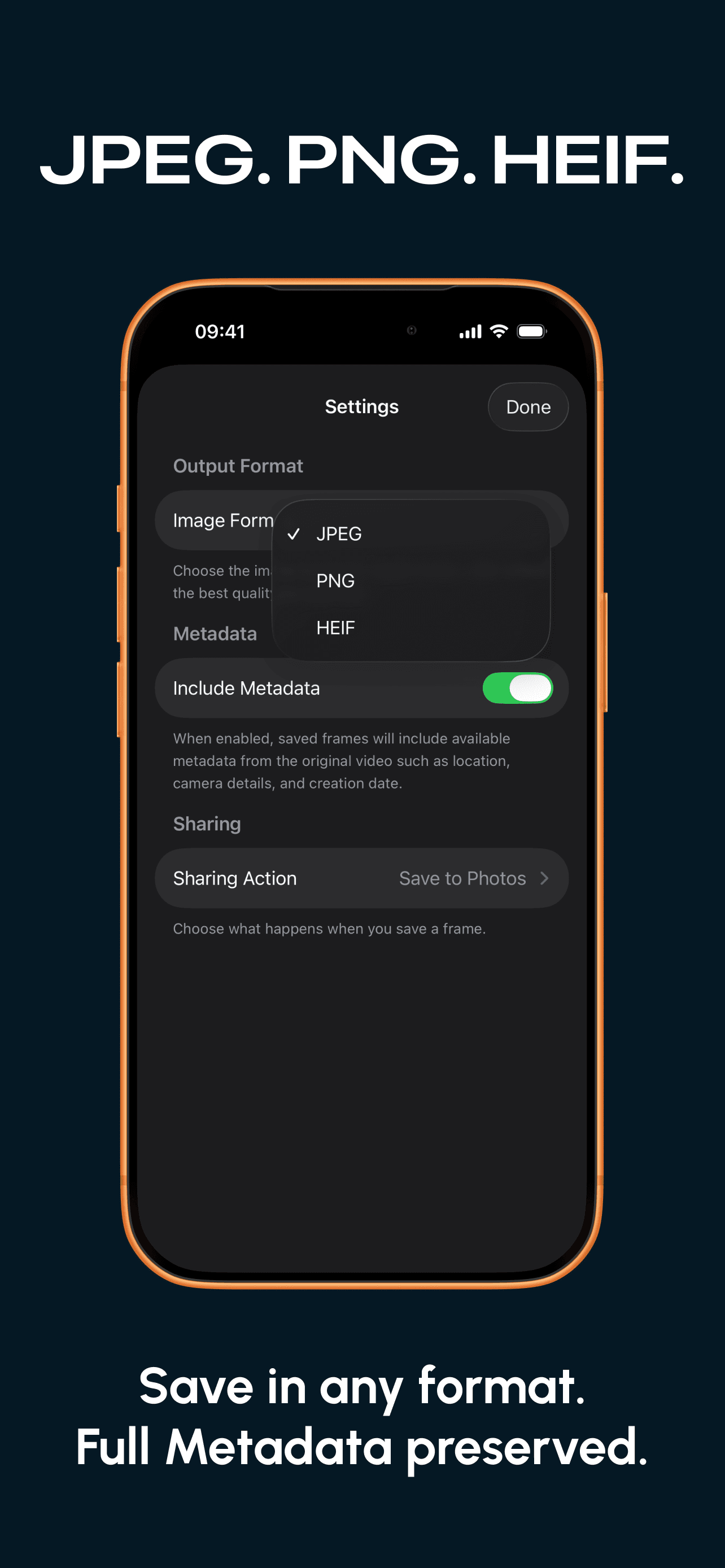 Stillz app format selection and metadata settings on iPhone